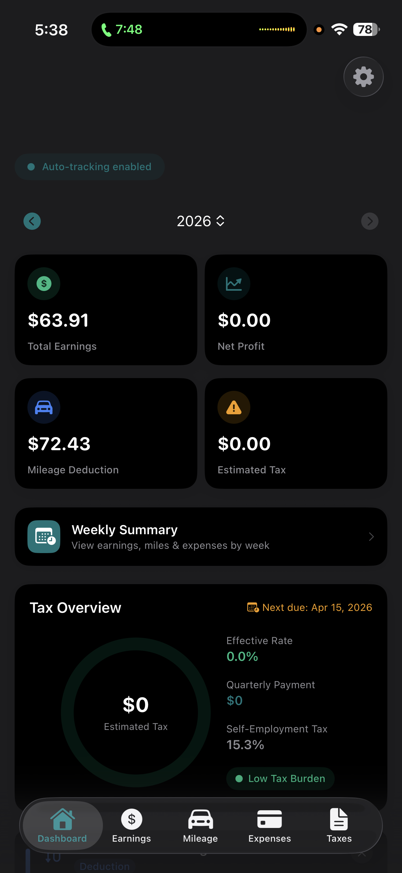 GigLedger dashboard showing total earnings, net profit, mileage deduction, and tax overview