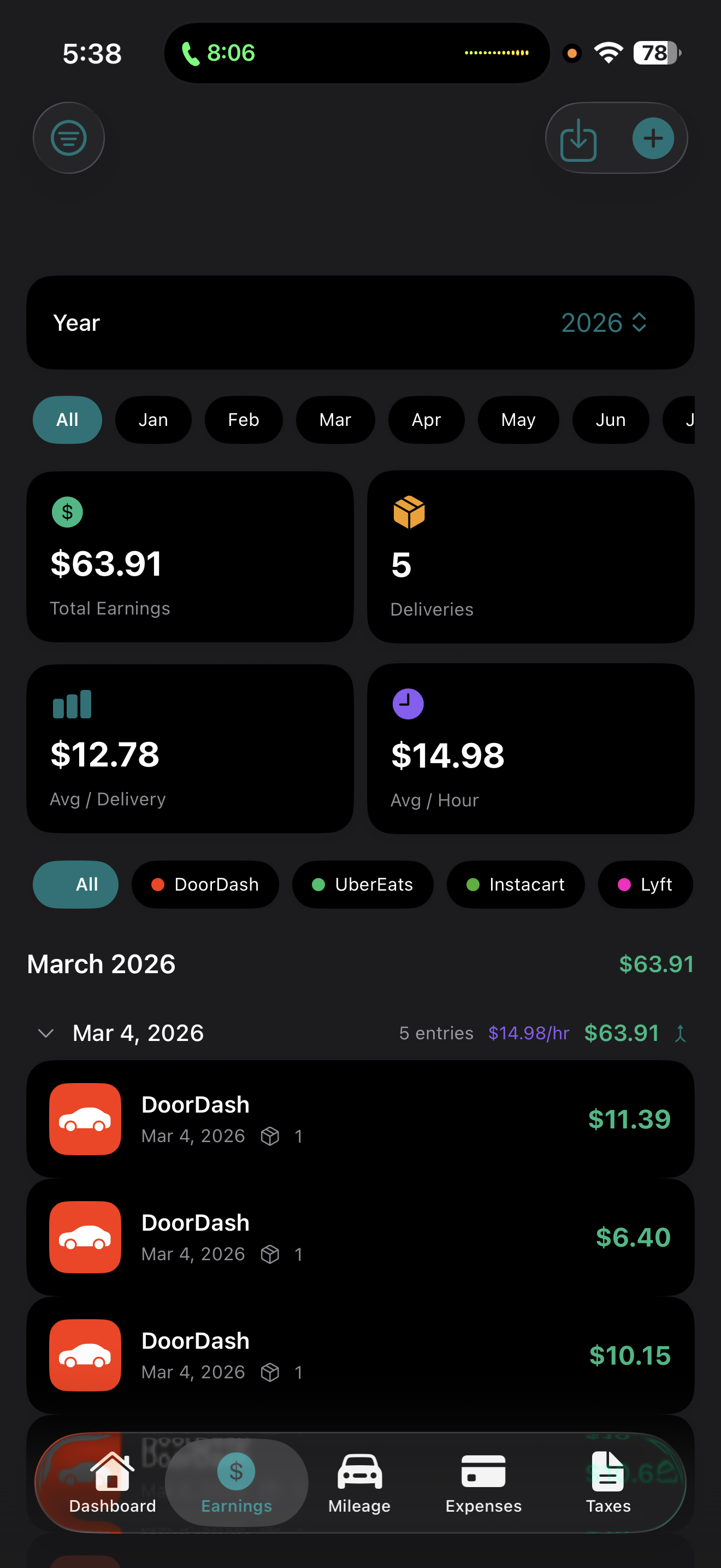 GigLedger earnings tracking with per-delivery breakdown and platform filter