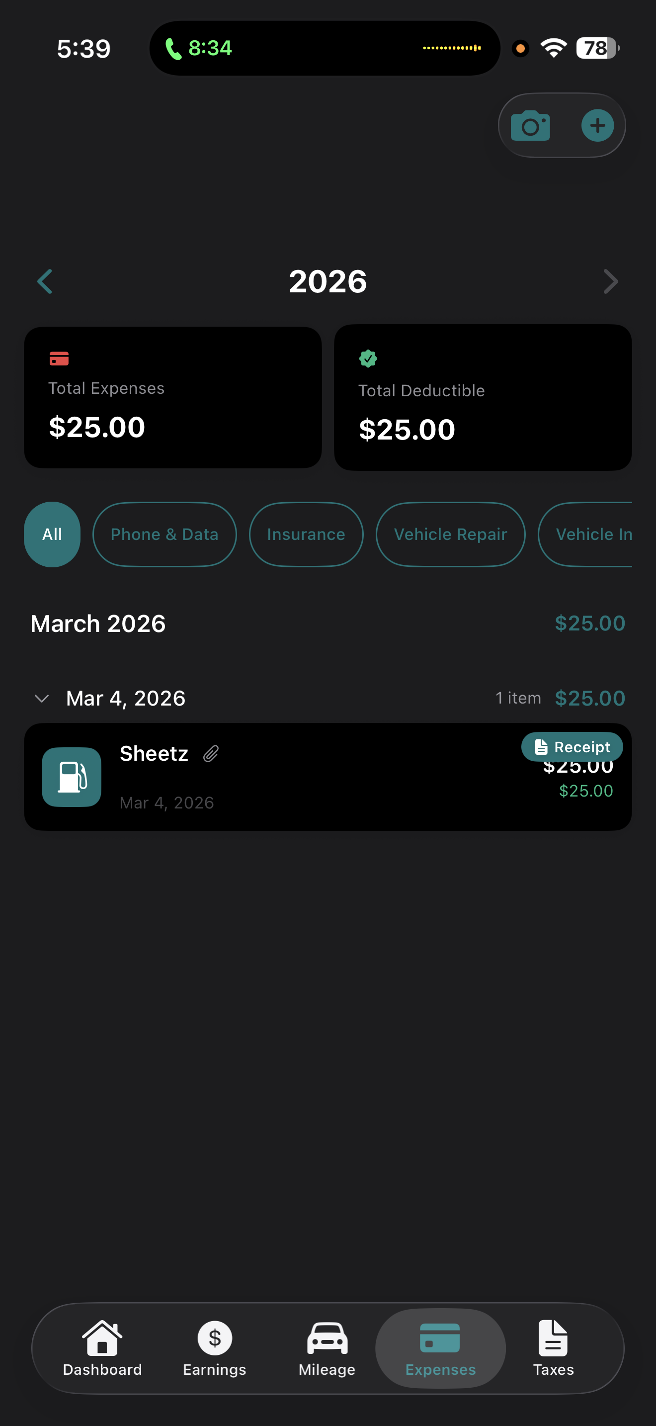 GigLedger expense tracker with receipt scanning and category filters