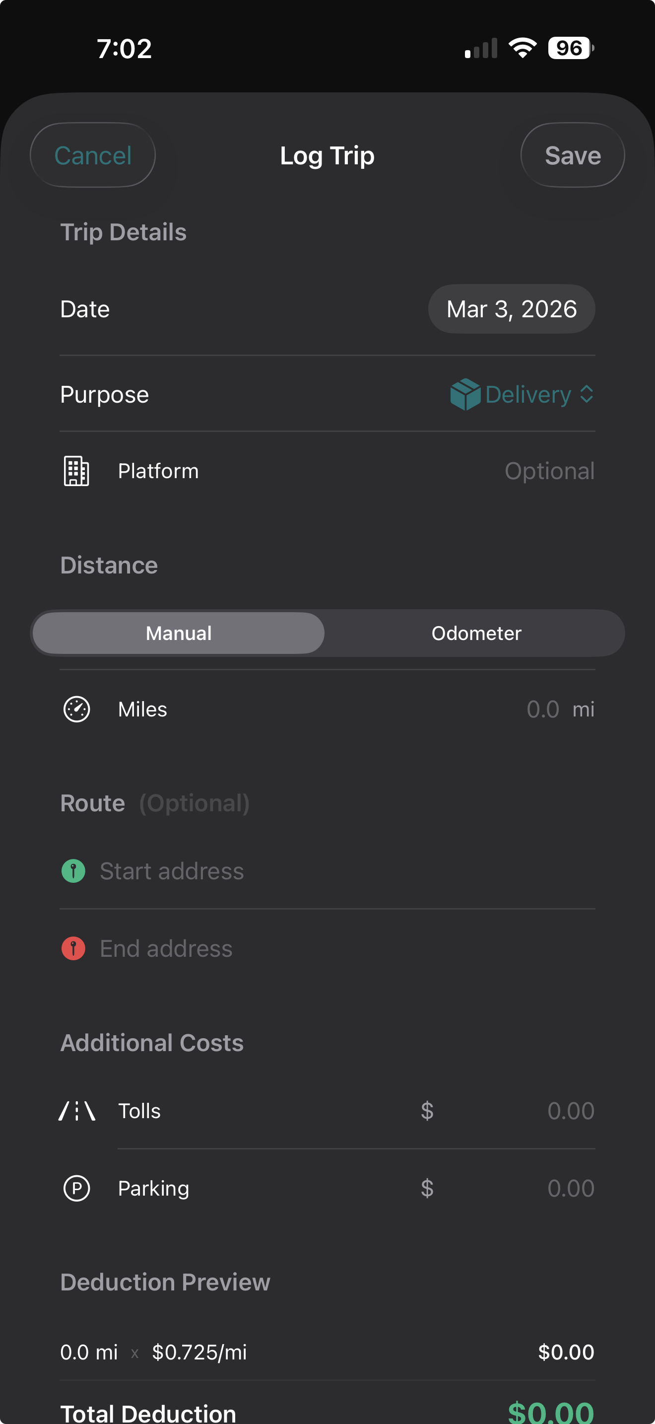 GigLedger manual trip logging with mileage calculation