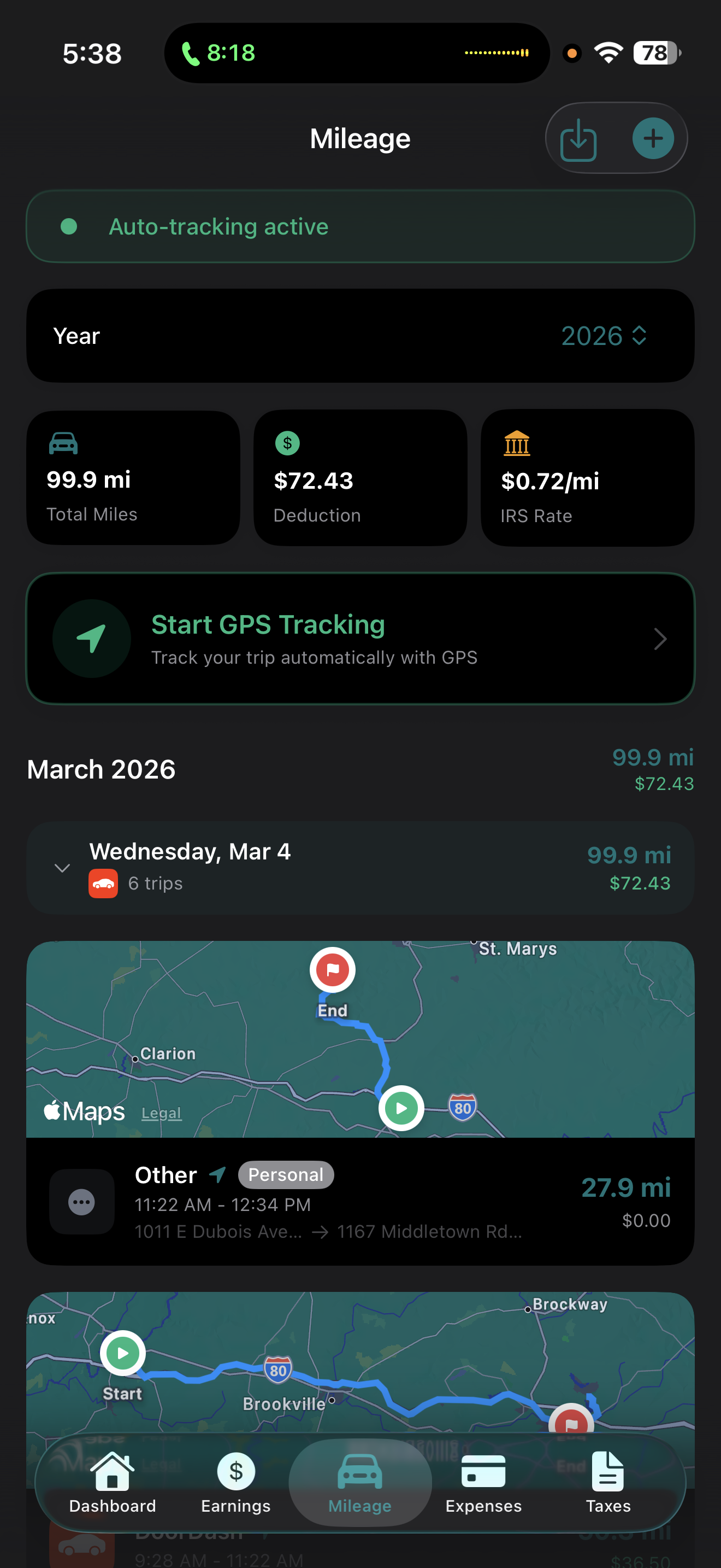 GigLedger mileage tracker with auto-tracking, GPS route maps, and IRS deduction calculator