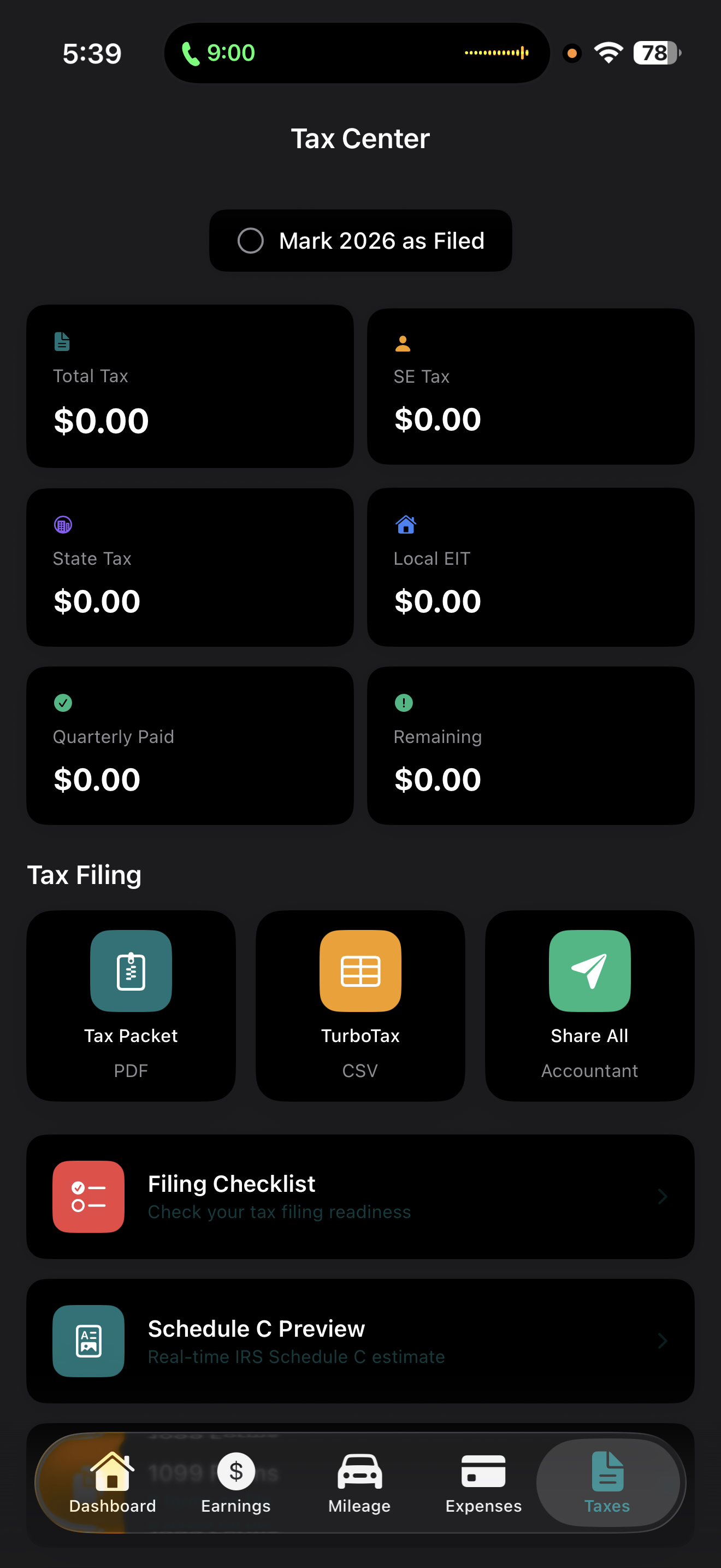 GigLedger tax center with SE tax, state tax, local EIT, quarterly payments, and filing tools