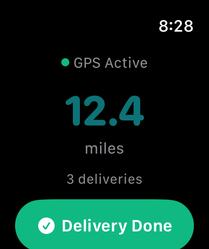 GigLedger Apple Watch active trip with GPS status, miles, and Delivery Done button